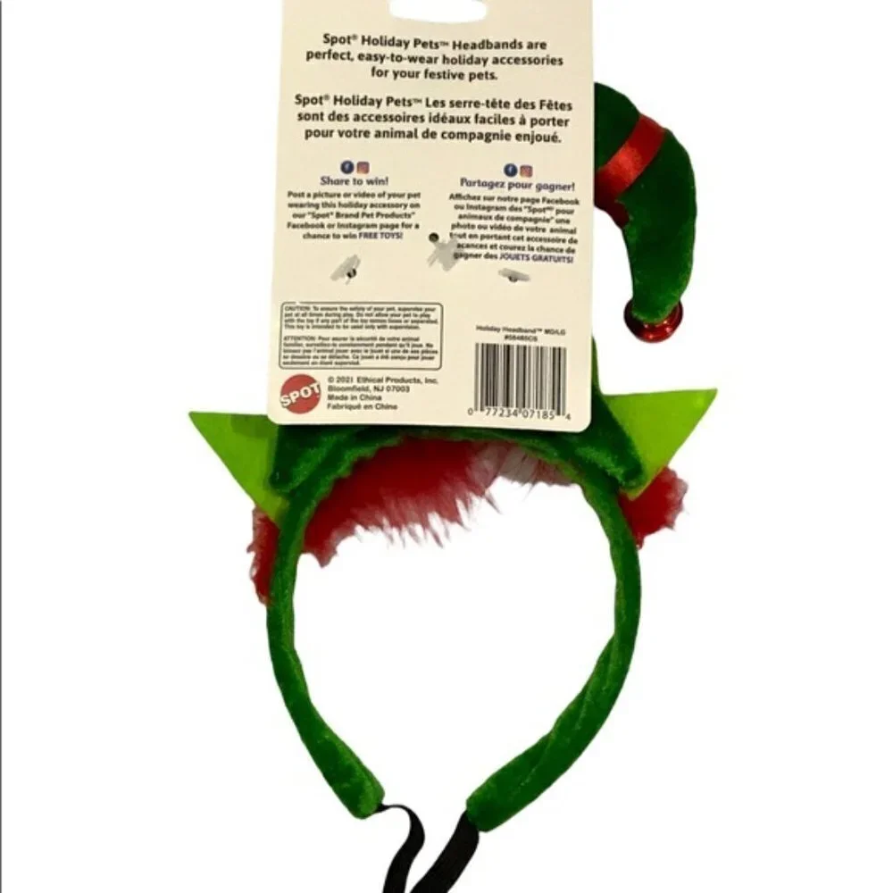 SPOT Dog Christmas Elf Headband Holiday Hat Adjustable Medium / Large